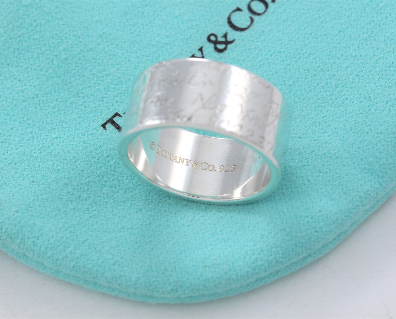 Tiffany & Co Silver Address Notes Script Wide Ring Size 6.5 Box Pouch 10mm Band