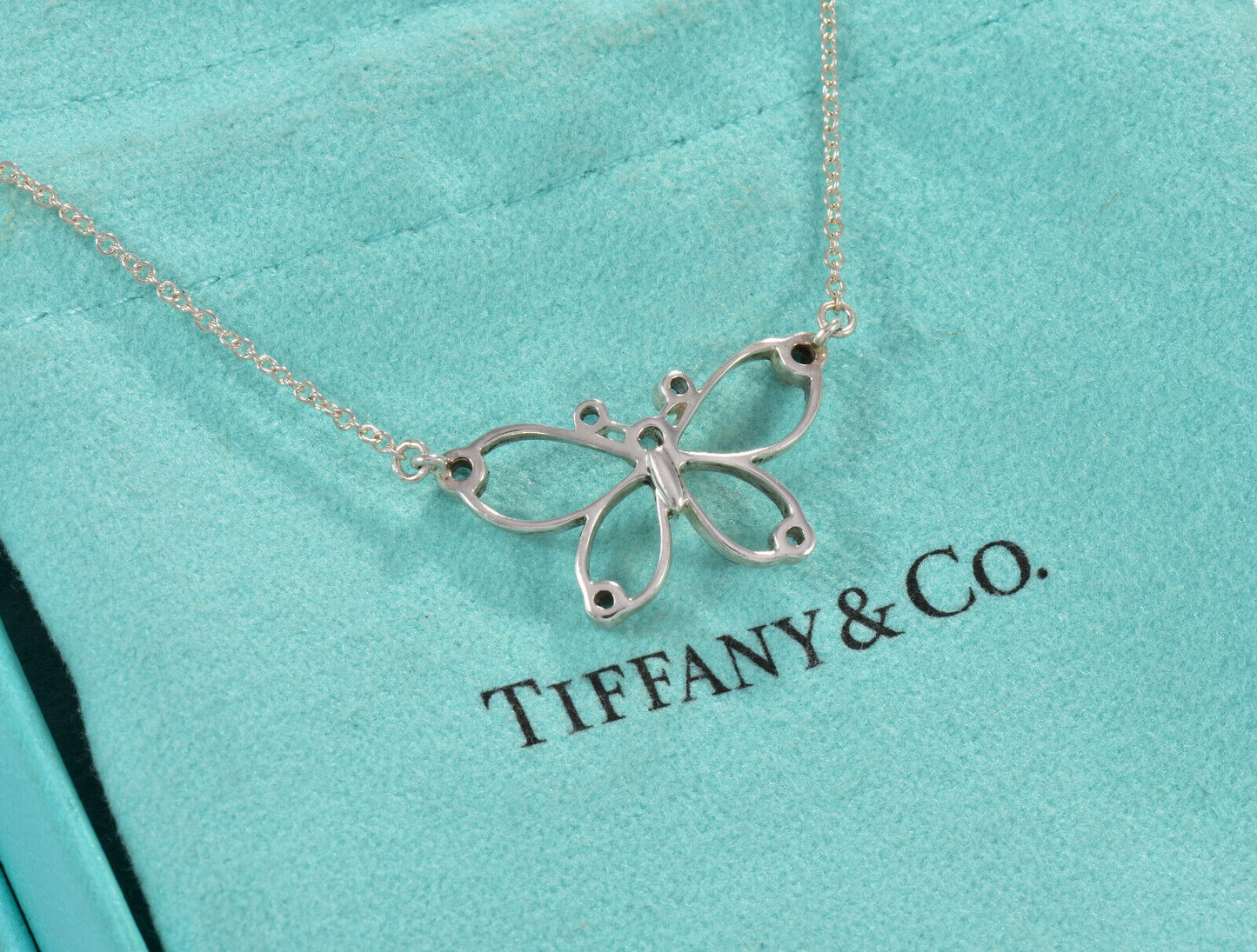 Tiffany & Co Silver Blue Sapphire Butterfly Pendant 16.25" Necklace in Box Pouch