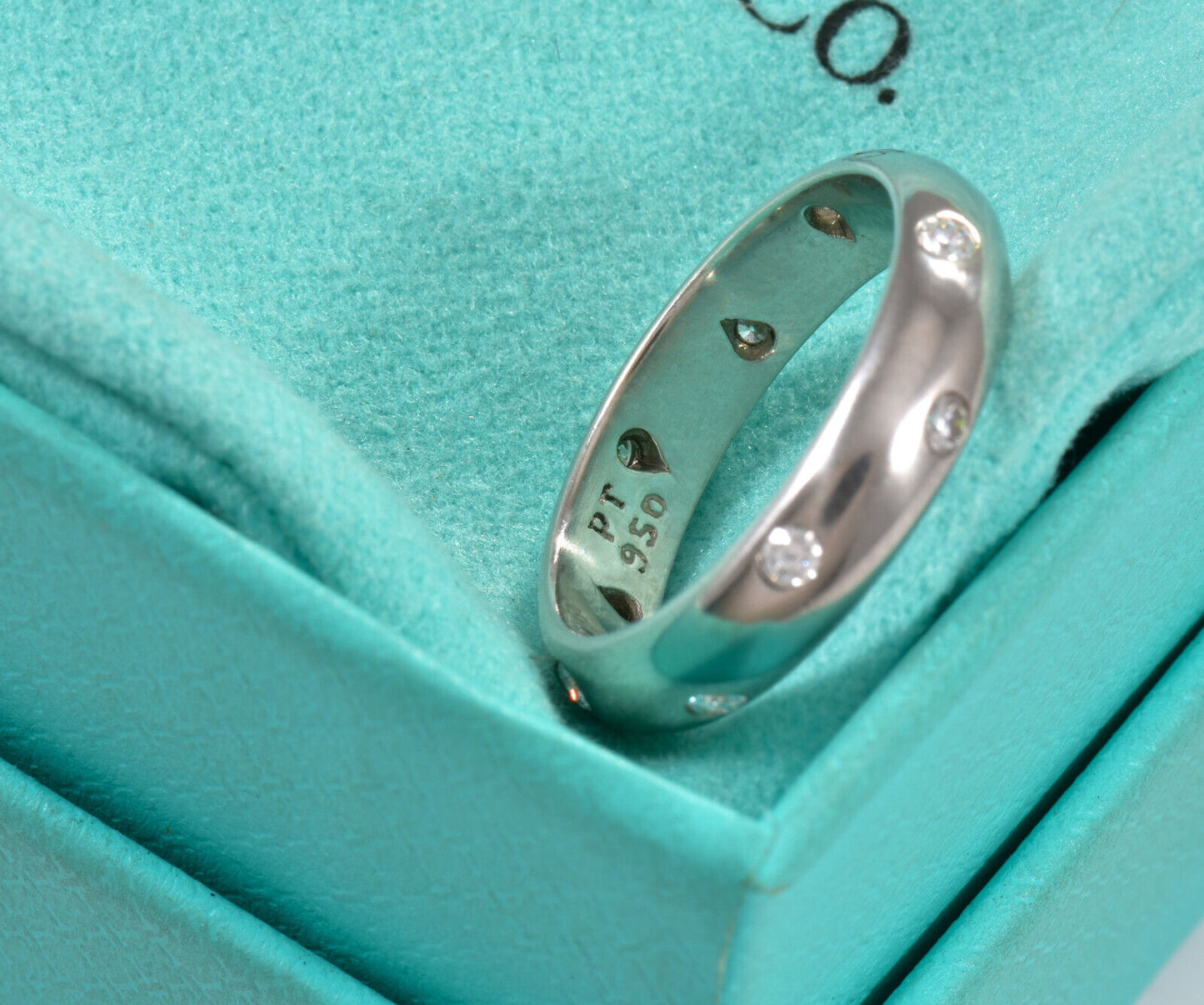 Size 4.25 $3200 Tiffany & Co Etoile Diamond Platinum Band Ring .22ct & Box Pouch