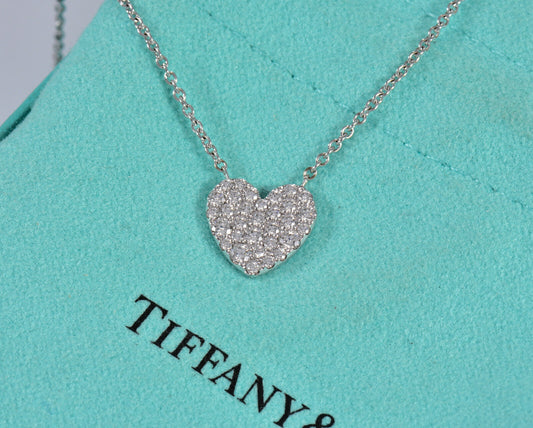 Tiffany & Co Diamond 18K White Gold Large Metro Heart Pendant Necklace Pave Rare