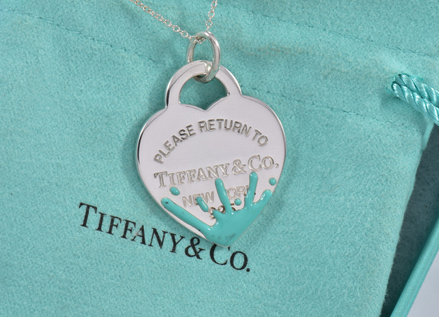 Please Return To Tiffany Silver Large Blue Enamel Splash Heart Pendant Necklace