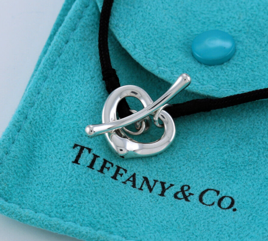 7.25" Tiffany & Co Silver Elsa Peretti Open Heart Silk Toggle Bracelet Box Pouch