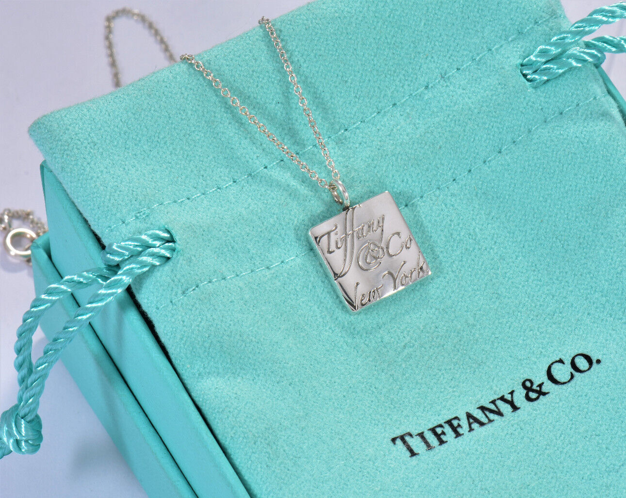 18.25" Tiffany & Co Silver NY Notes Square Wavy Pendant Necklace in Pouch Rare