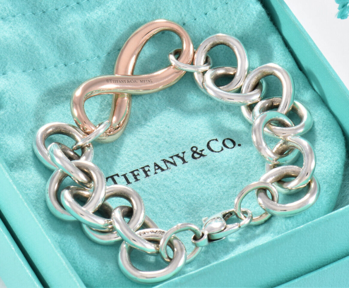 Heavy 7.75" Tiffany & Co Rubedo Gold Metal Silver Infinity Large Chain Bracelet