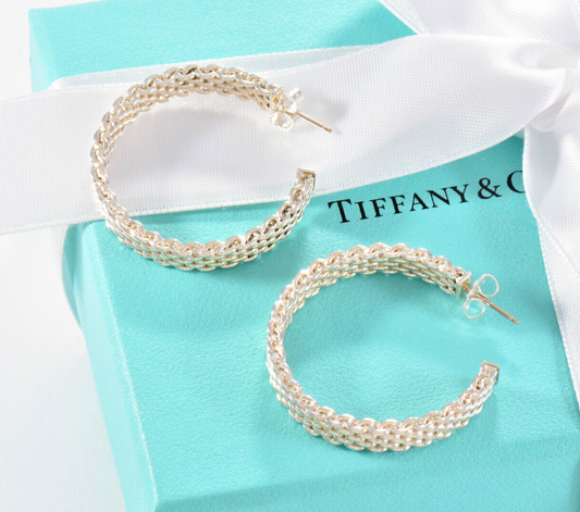 Tiffany & Co Sterling Silver Large 33mm Mesh Hoop Earrings in Box Narrow Rare