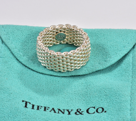 Size 7 Tiffany & Co Somerset Sterling Silver Mesh Love Ring in Pouch Band