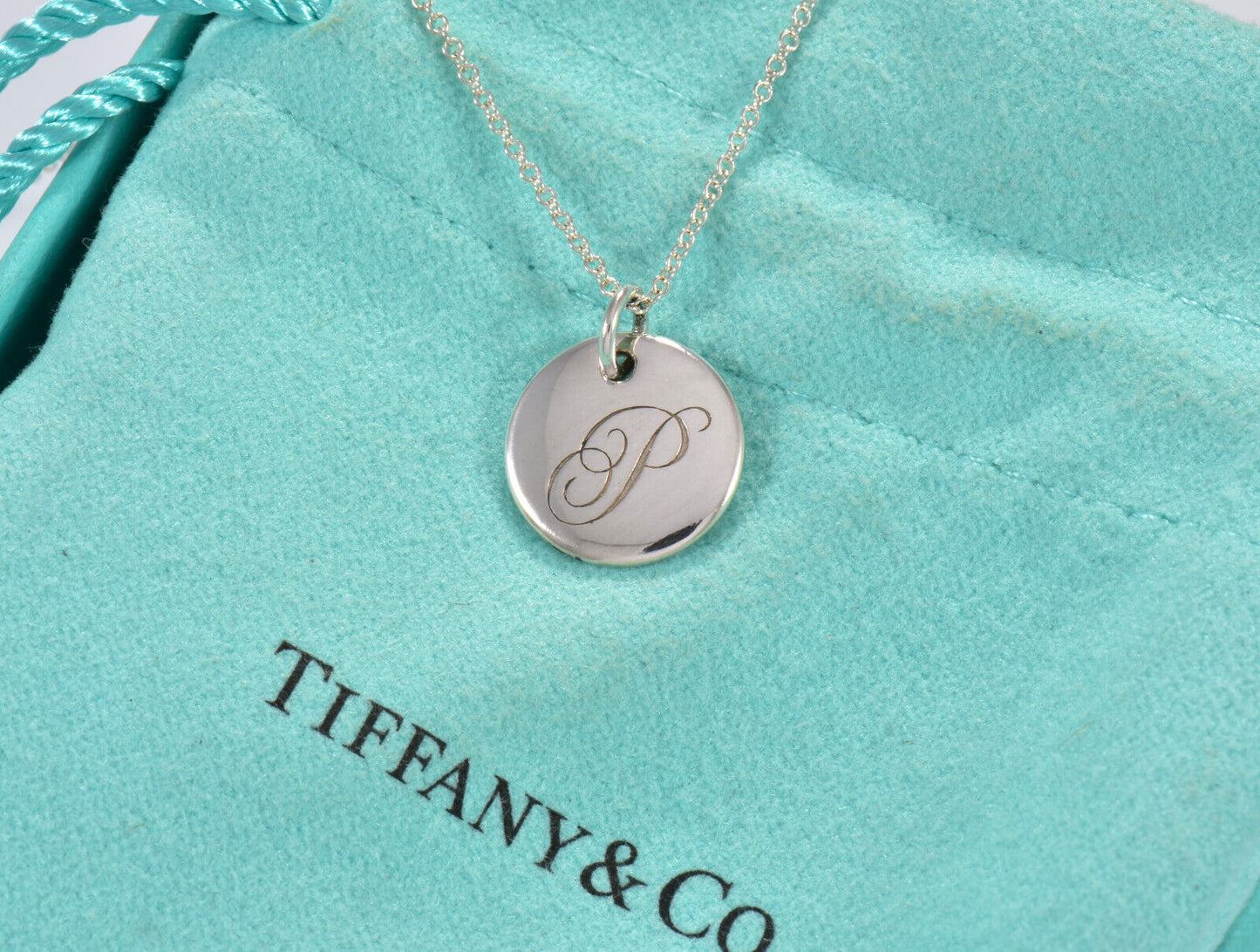 Tiffany & Co Silver Letter P Cursive Circle Pendant 17" Necklace in Box Pouch