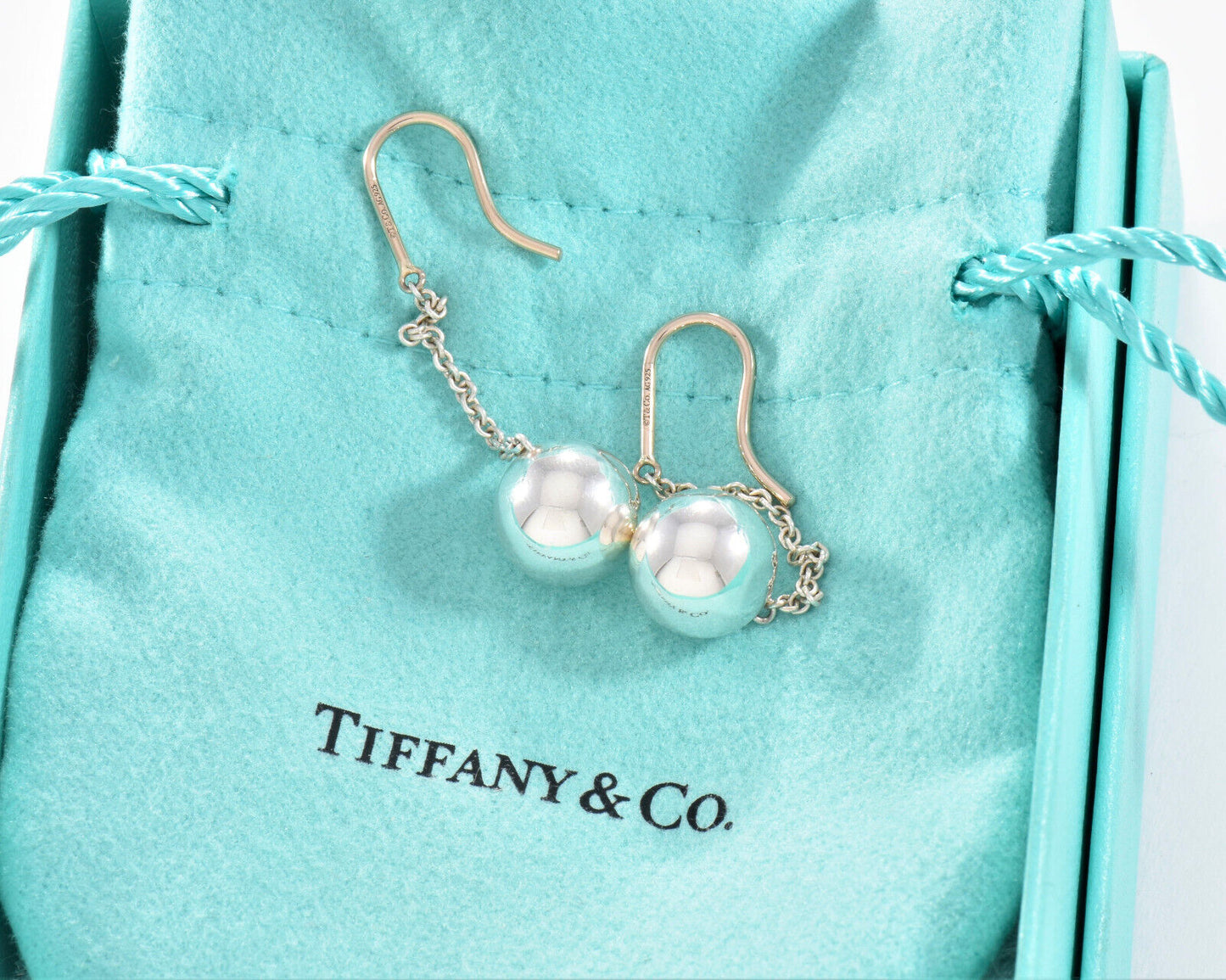 Tiffany & Co Sterling Silver 10mm HardWear Bead Drop Hook Earrings in Box Pouch