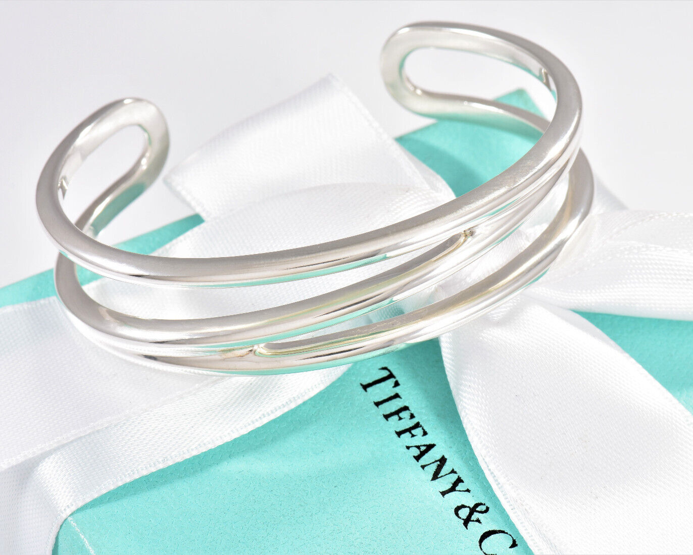 7.25" Tiffany & Co Silver Diagonal Open Weave Cuff Love Bracelet in Pouch