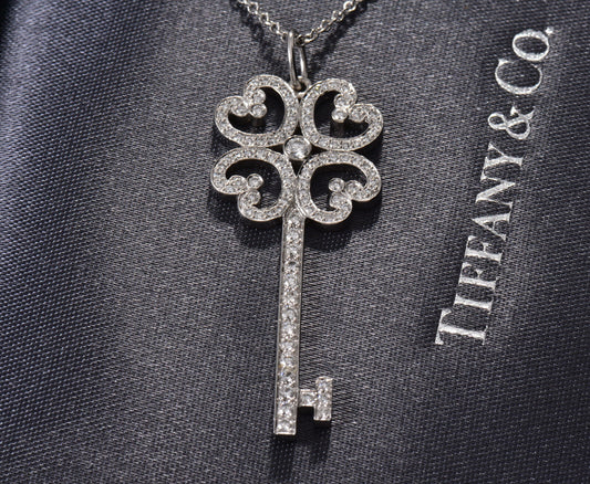 Tiffany & Co Diamond Platinum 35mm Quatra Heart Key Pendant 16" Necklace in Box