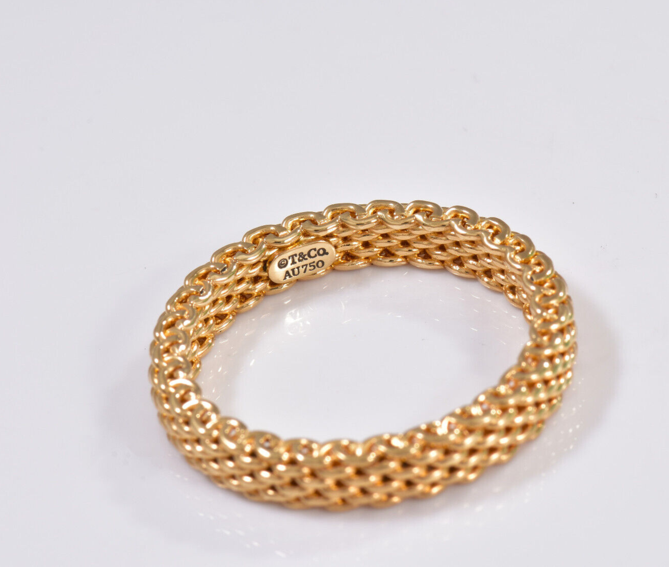 Size 9 Tiffany & Co Somerset 18K Yellow Gold 4mm Narrow Mesh Ring in Box Pouch