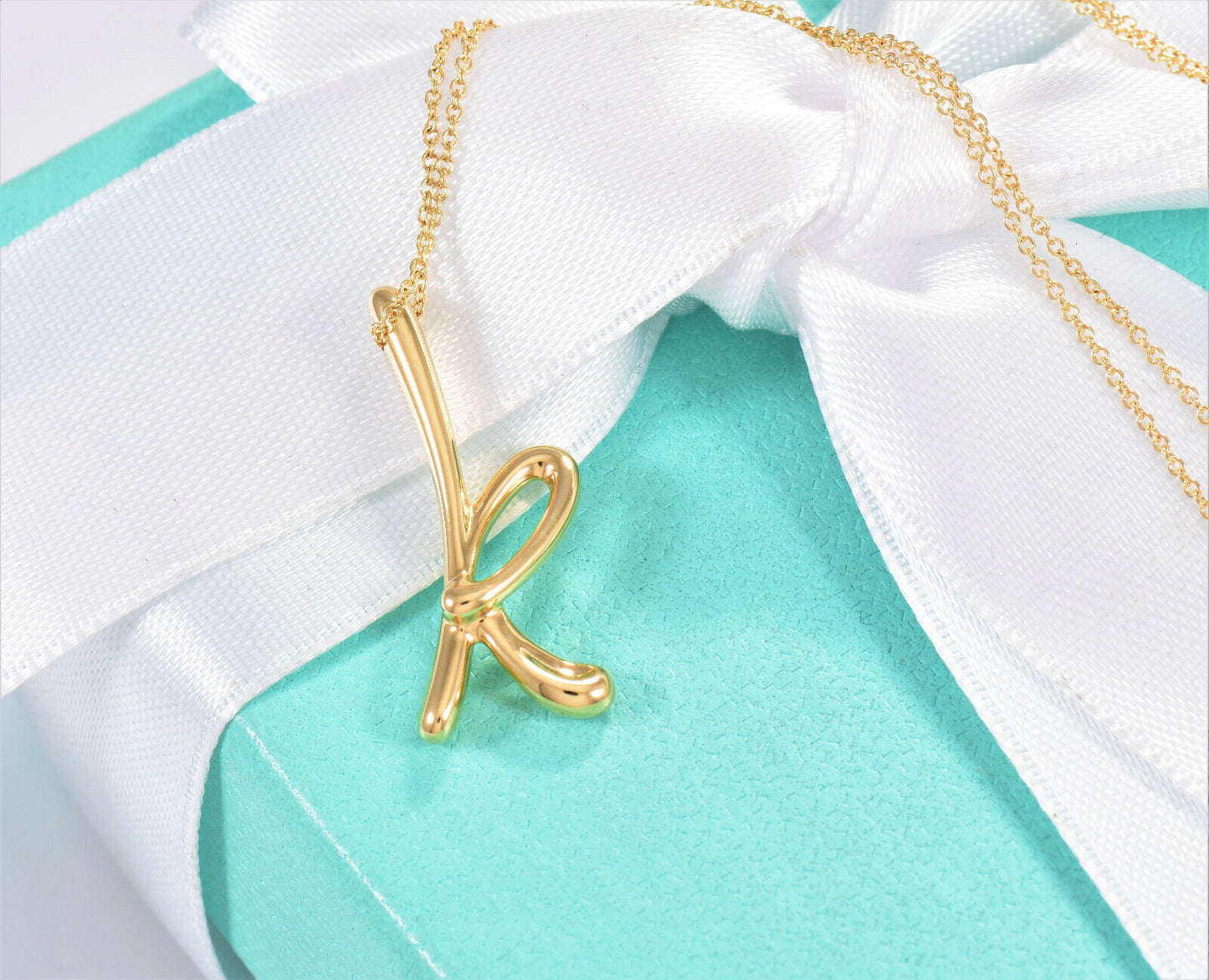 Boxed Tiffany & Co 18K Yellow Gold Elsa Peretti Letter K Pendant 16.25" Necklace