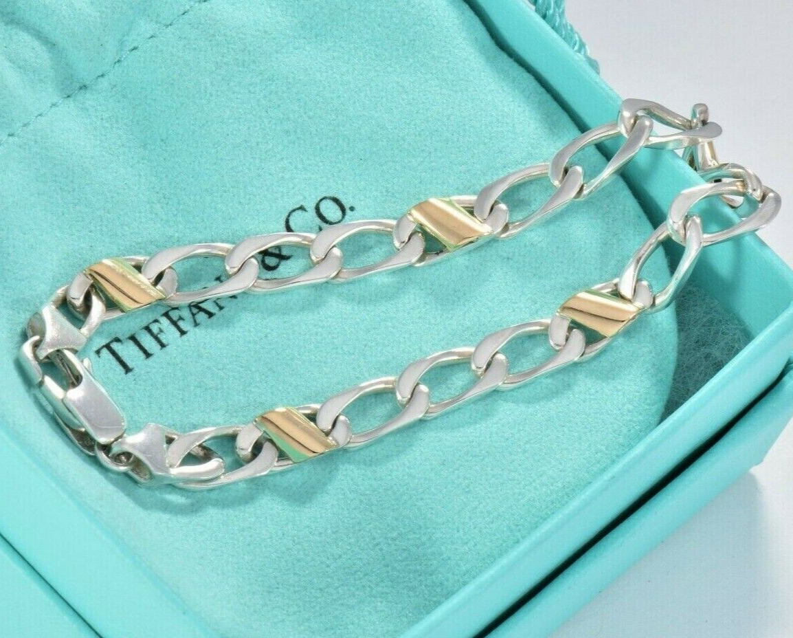 7.75" Tiffany & Co Sterling Silver 18K Gold Figaro Bracelet in Pouch Cuban Link