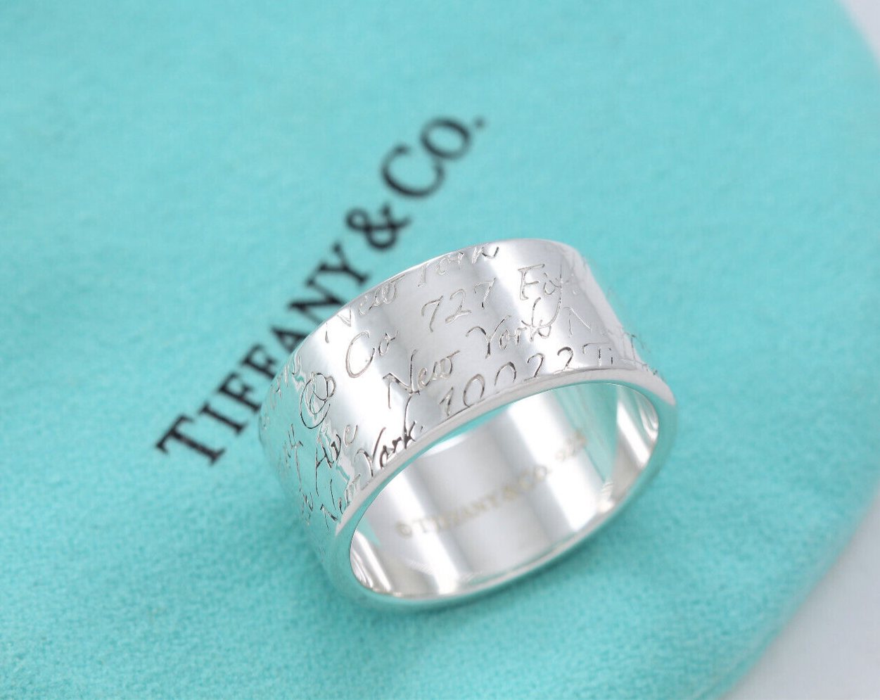 Tiffany & Co Silver Address Notes Script Wide Ring Size 6.5 Box Pouch 10mm Band