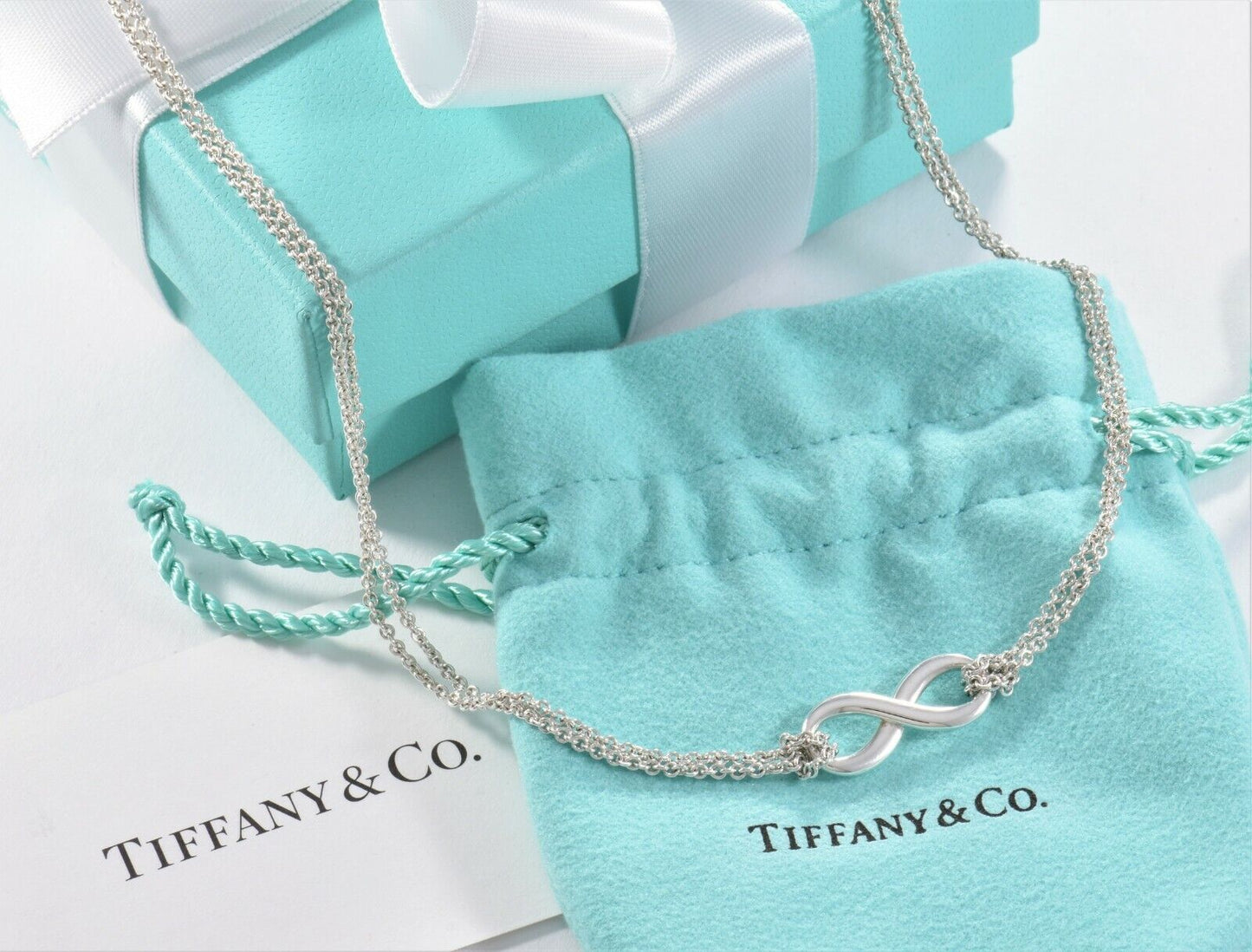 Tiffany & Co Silver Infinity Pendant 16" Double Chain Necklace in Box Pouch Card