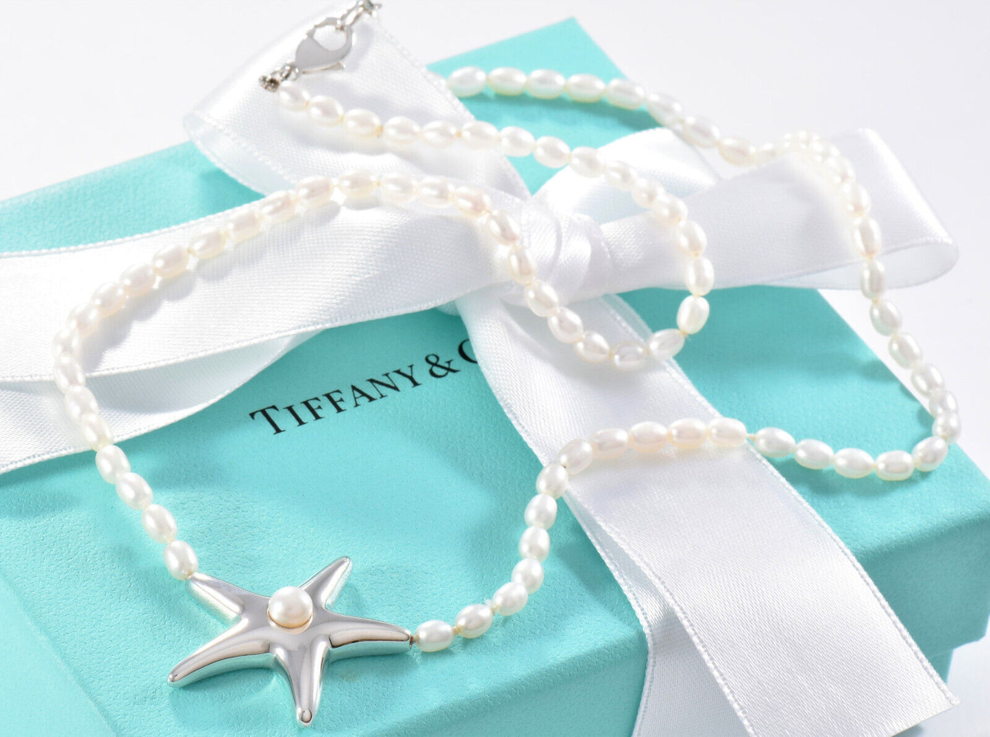 Vintage Tiffany & Co Sterling Silver Pearl Bead Starfish Pendant Necklace Pouch