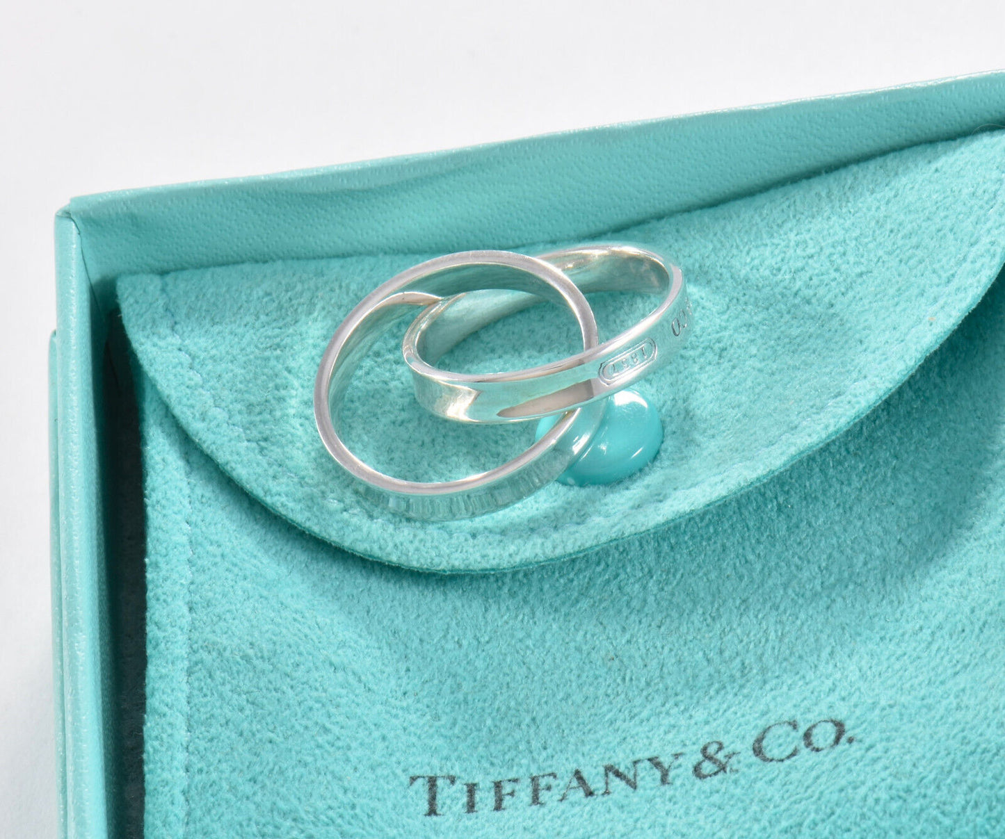 Size 8 Tiffany & Co Sterling Silver 1837 Double Interlocking Rings in Pouch Band