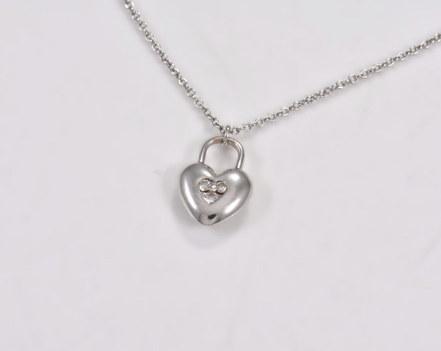 Tiffany & Co Diamond 18K White Gold Heart Lock 16.5" Necklace in Box Pouch Rare