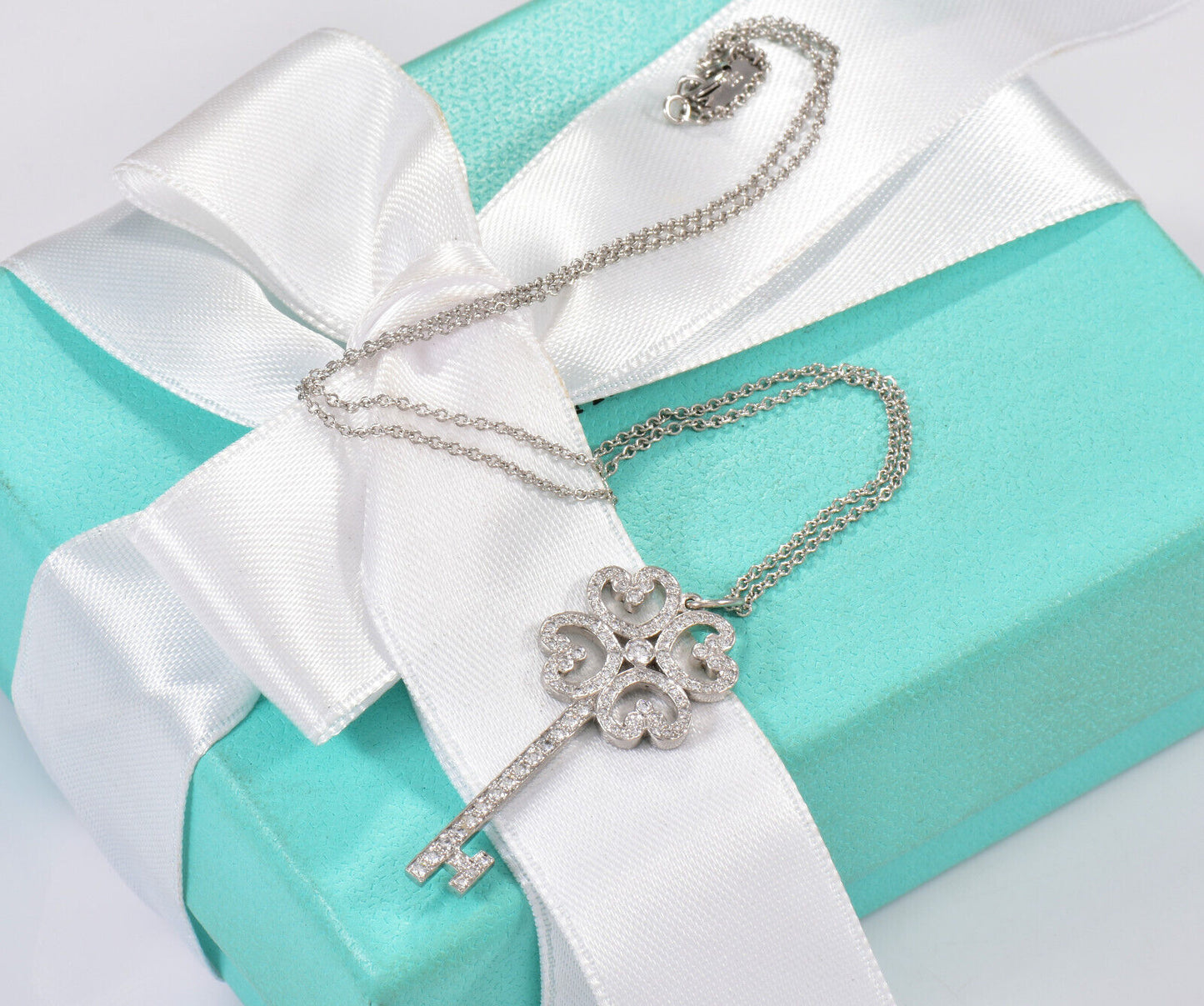 Tiffany & Co Diamond Platinum 35mm Quatra Heart Key Pendant 16" Necklace in Box