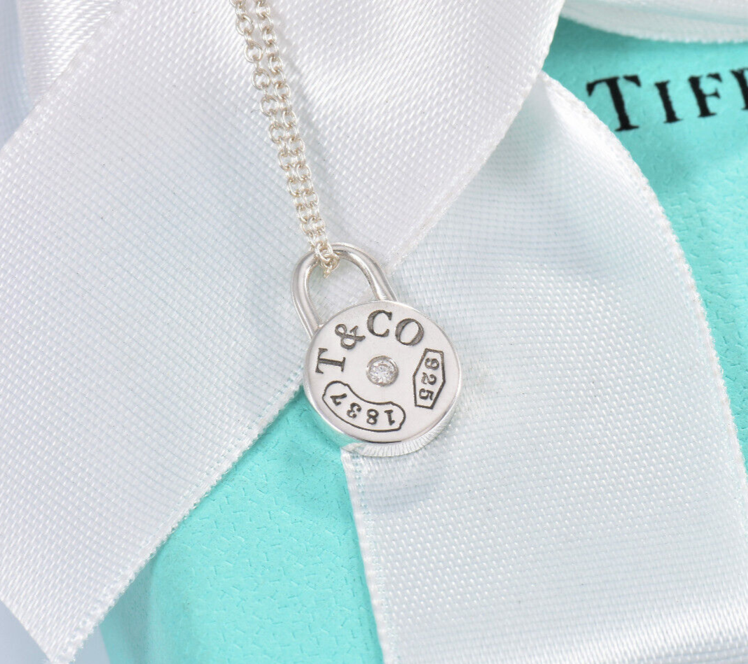 Tiffany & Co Diamond Silver 1837 Round Lock Circle Pendant 16" Necklace in Box