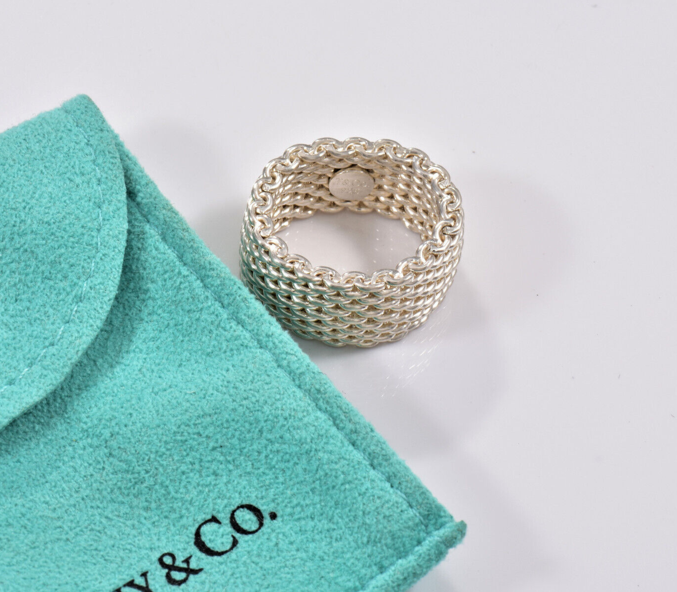 Size 8 Tiffany & Co Somerset Sterling Silver Mesh Link Band Ring in Pouch Rare