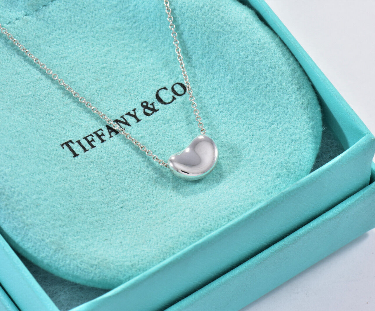 Tiffany & Co Silver Elsa Peretti 11mm Bean Pendant 16" Necklace in Pouch Lovely