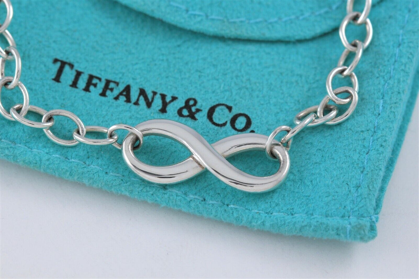 Tiffany & Co Sterling Silver Infinity Chain Link Bracelet 7.25" and Box Pouch