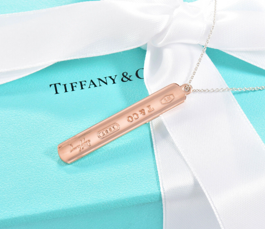 24" Tiffany & Co Rubedo Gold Silver 1837 Large Bar Pendant Necklace in Box Pouch