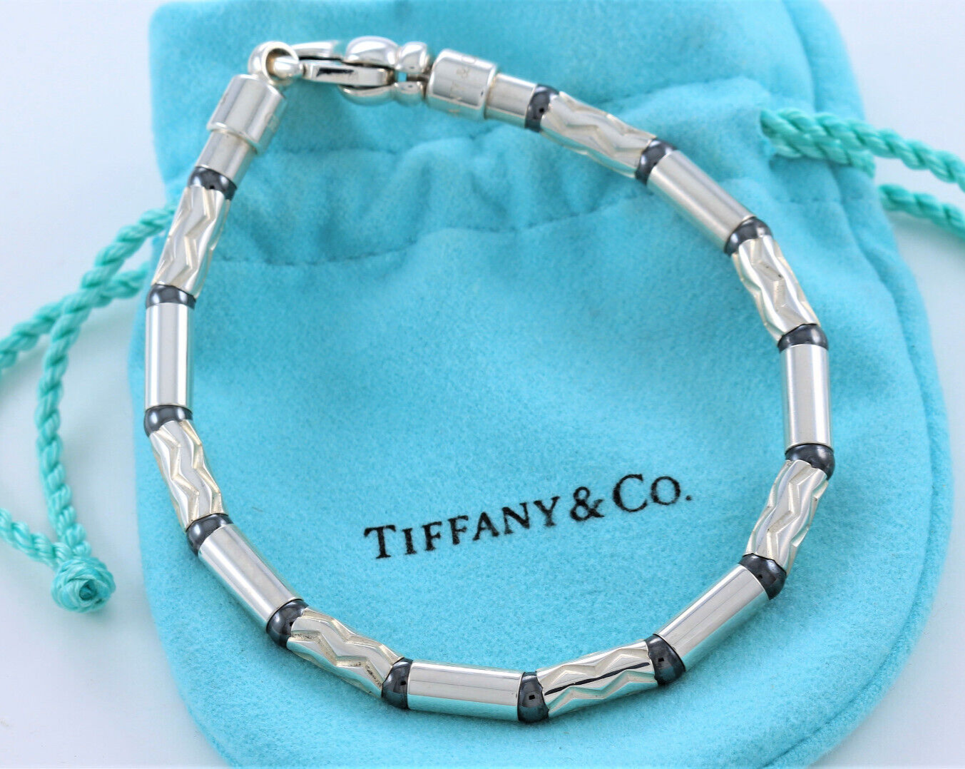 7.75" Tiffany & Co Silver Hematite Aztec Bead Link Bracelet in Pouch Rare Men's