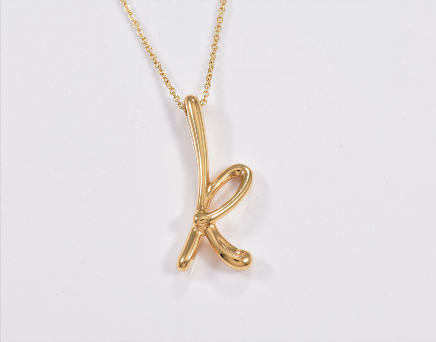 Boxed Tiffany & Co 18K Yellow Gold Elsa Peretti Letter K Pendant 16.25" Necklace