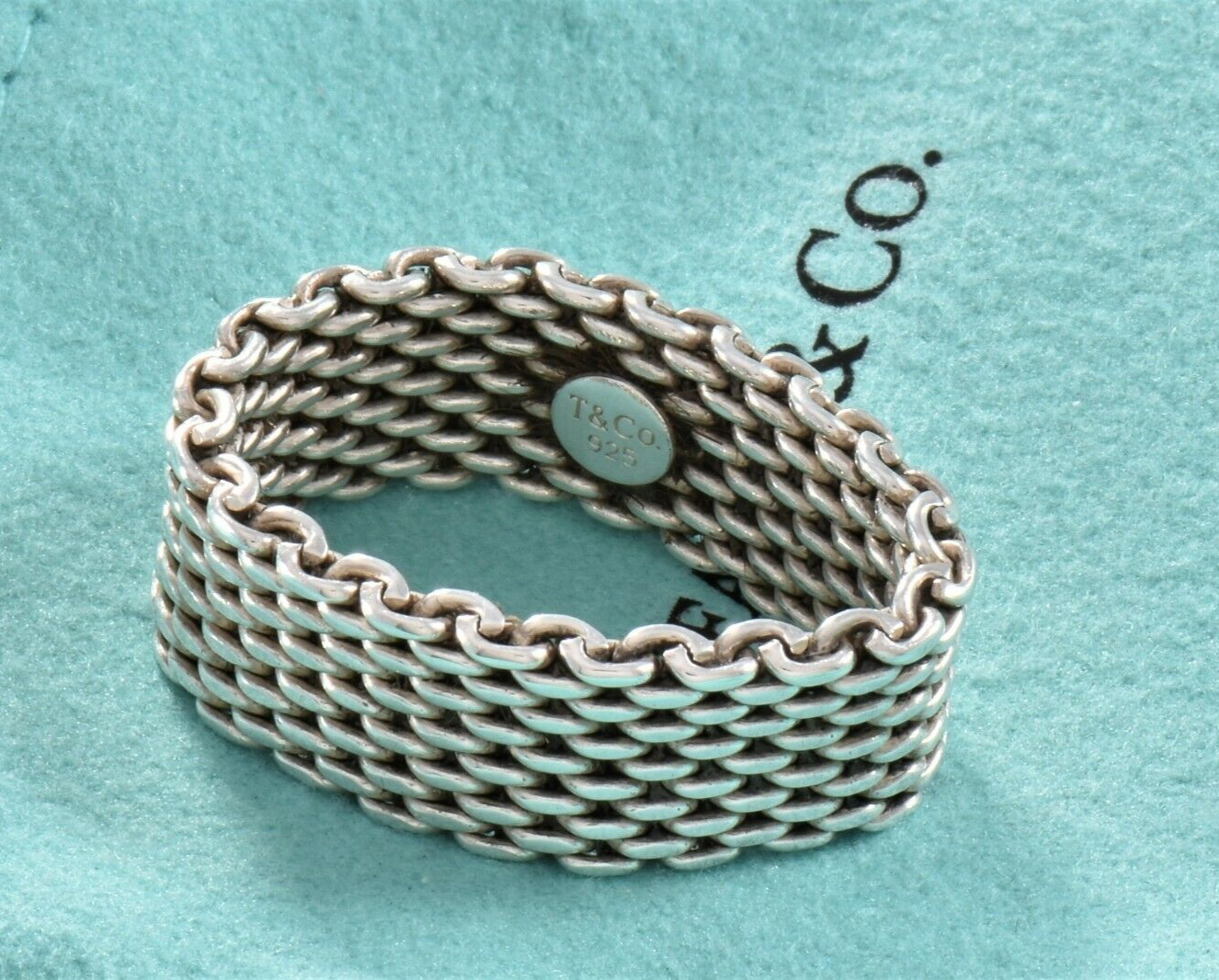 Size 10 Tiffany & Co Somerset Sterling Silver Mesh Ring in Pouch Lovely Rare