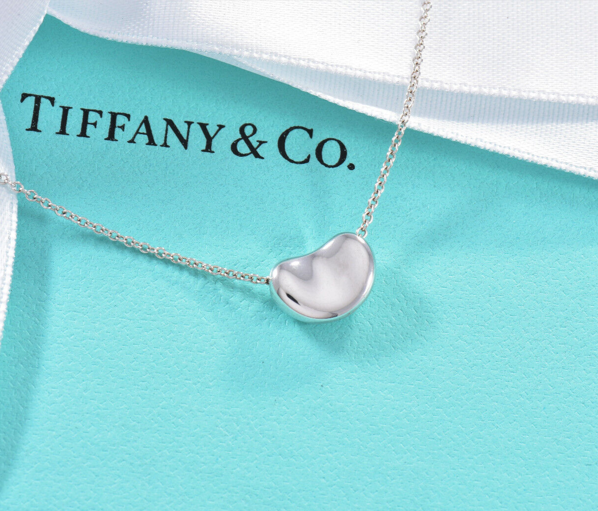 Tiffany & Co Silver Elsa Peretti 11mm Bean Pendant 16" Necklace in Pouch Lovely