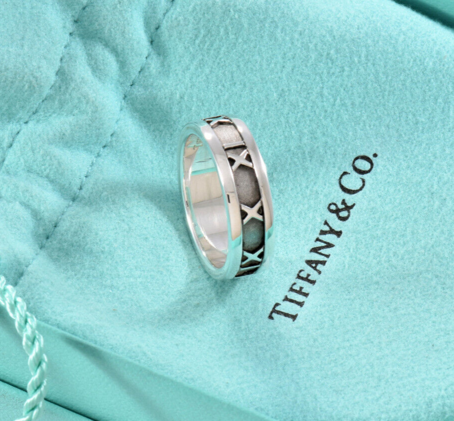 Size 6 Vintage Tiffany & Co Silver 6mm Atlas Roman Numerals Band Ring in Pouch