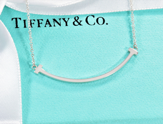 Tiffany & Co Sterling Silver Small T Smile Pendant 16- 18" Necklace in Pouch