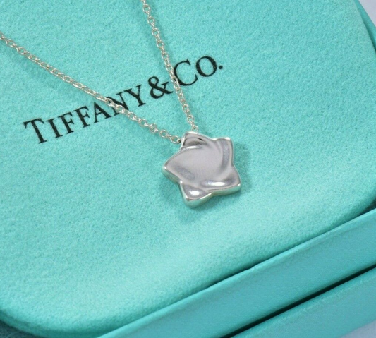 Tiffany & Co Silver Elsa Peretti Small Star Pendant 16" Chain Necklace in Pouch