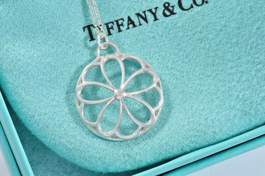 Tiffany & Co Silver Diamond Blossom Garden Flower Pendant 16.25" Necklace Pouch