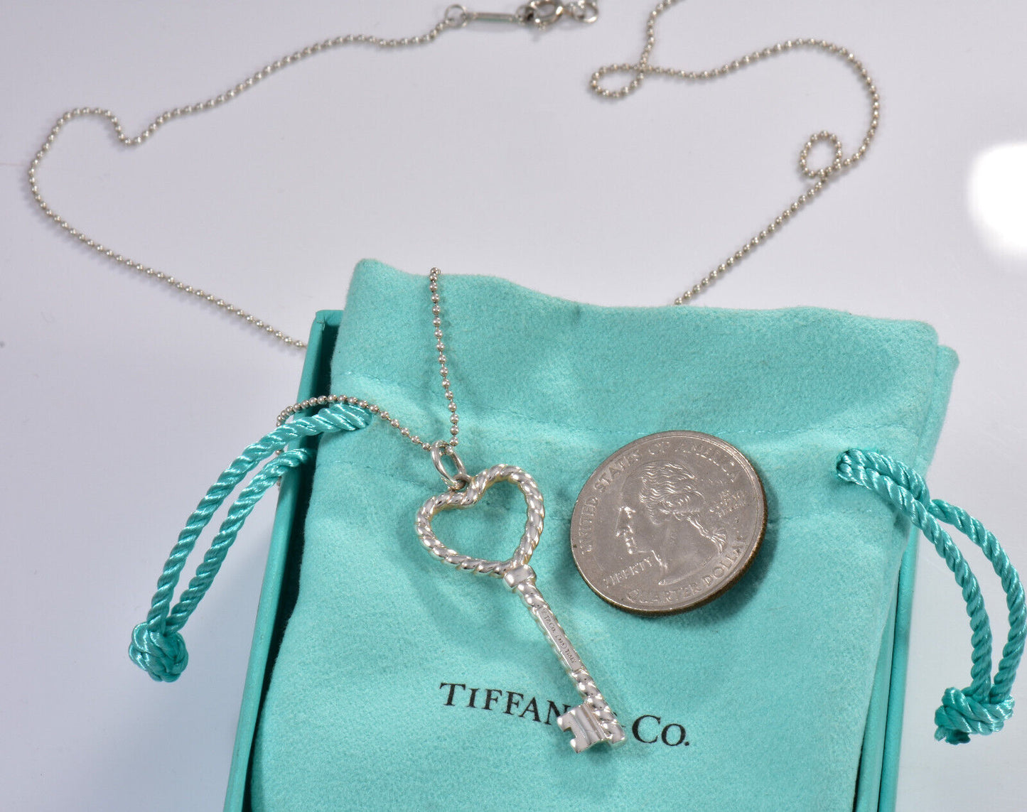 20" Tiffany & Co Silver Large 2" Heart Rope Twist Key Pendant Bead Necklace Rare