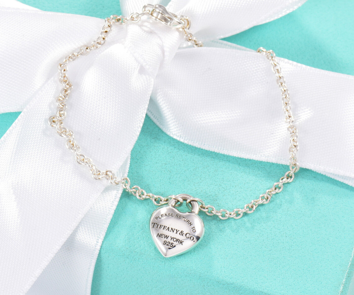 7" Please Return To Tiffany & Co Silver Full Heart Bracelet in Box Pouch Ribbon