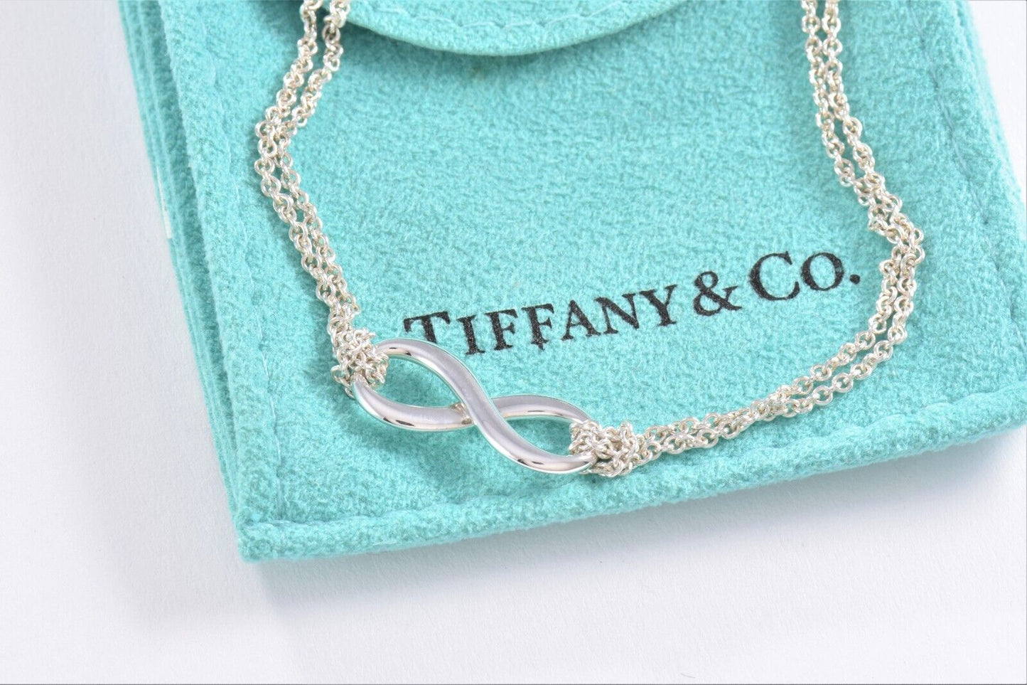 Tiffany & Co Sterling Silver Double Chain Infinity Bracelet 6.35" in Pouch Love