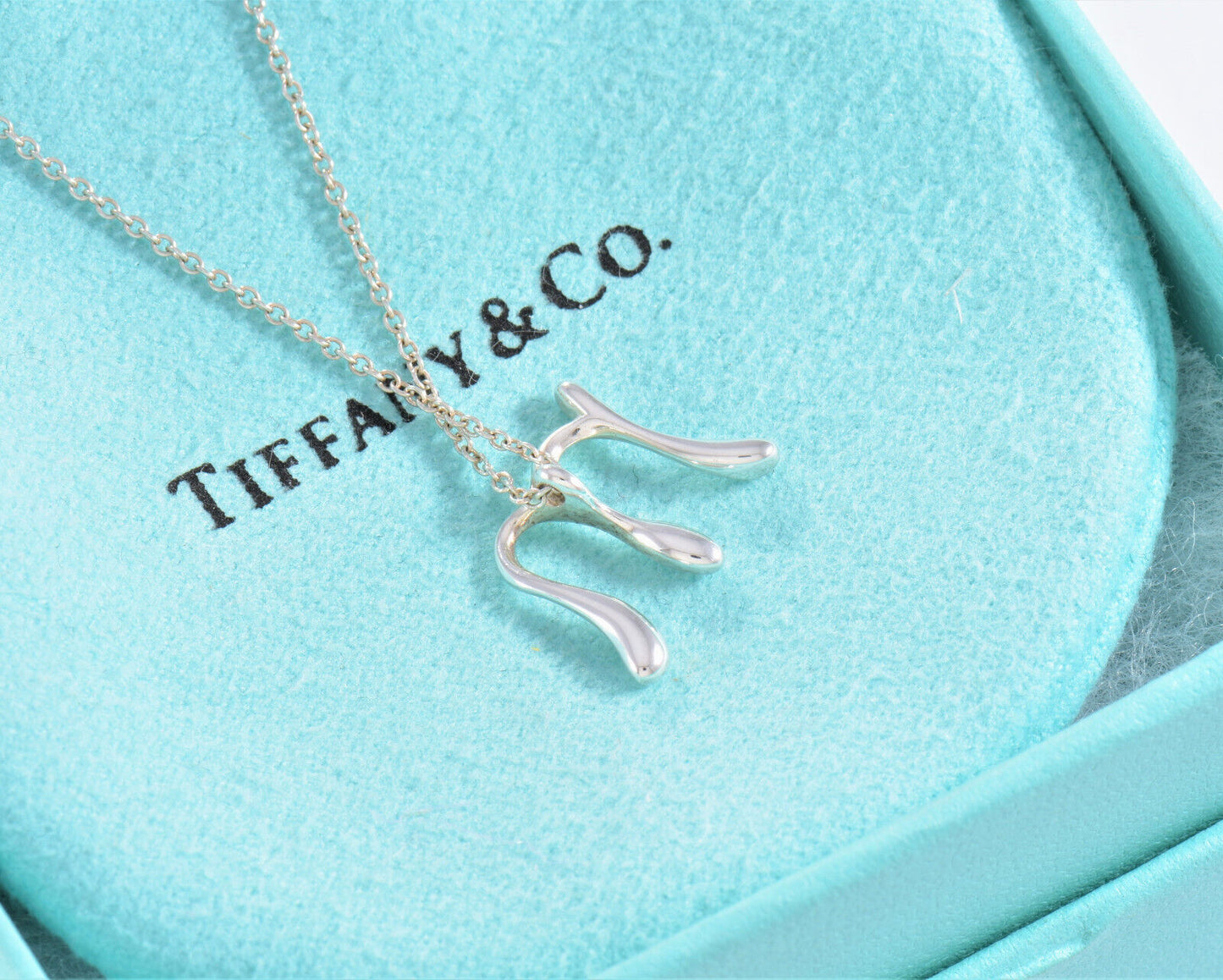 Tiffany & Co Silver Elsa Peretti Alphabet Letter M Necklace in Box Pouch Lovely