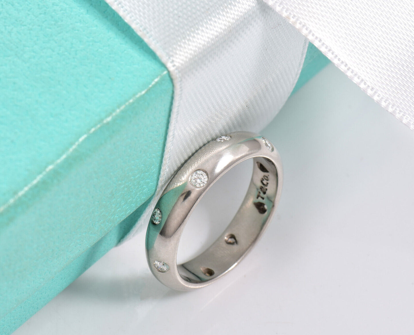 Size 4.25 $3200 Tiffany & Co Etoile Diamond Platinum Band Ring .22ct & Box Pouch