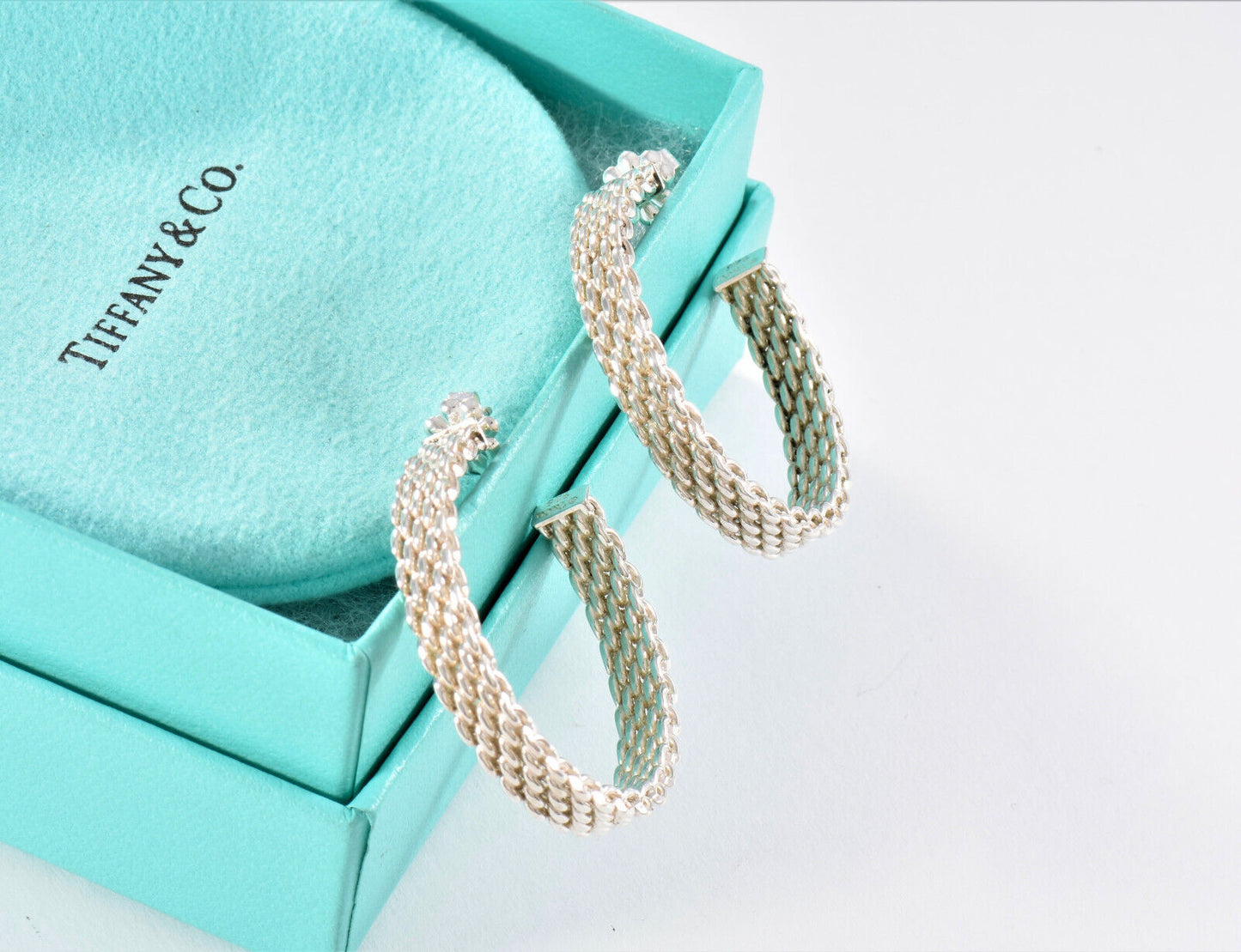 Tiffany & Co Sterling Silver Large 33mm Mesh Hoop Earrings in Box Narrow Rare