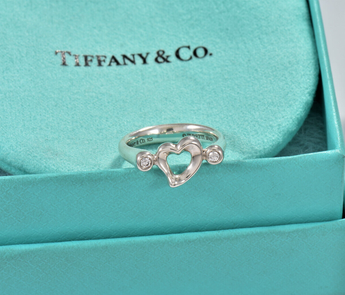 Size 5.5 Tiffany & Co Diamond Silver Elsa Peretti Open Heart Ring in Box Pouch