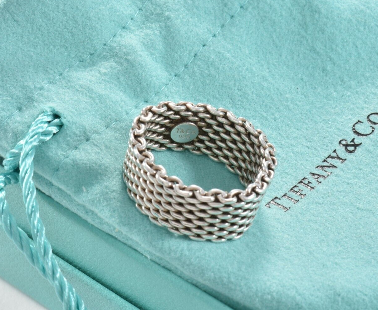 Size 10 Tiffany & Co Somerset Sterling Silver Mesh Ring in Pouch Lovely Rare