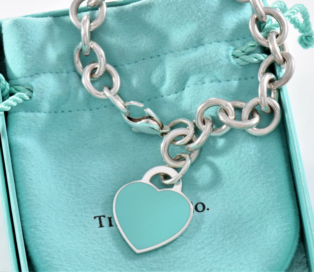 Please Return To Tiffany & Co Silver Blue Enamel Heart Chain Link 7.5" Bracelet