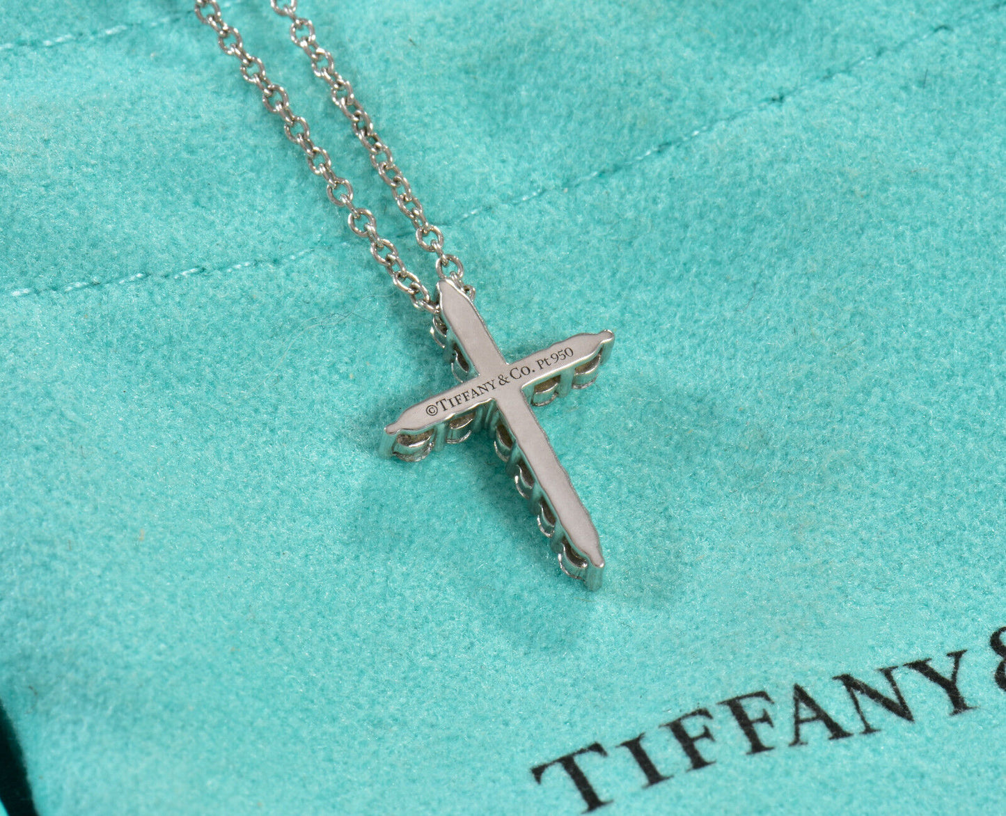 Tiffany & Co .21ct Diamond Platinum Cross Pendant 16.25" Necklace in Box Pouch