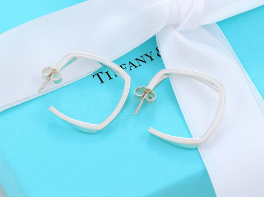 Tiffany & Co Sterling Silver Gehry Torque Square 1" Hoop Earrings in Box Pouch