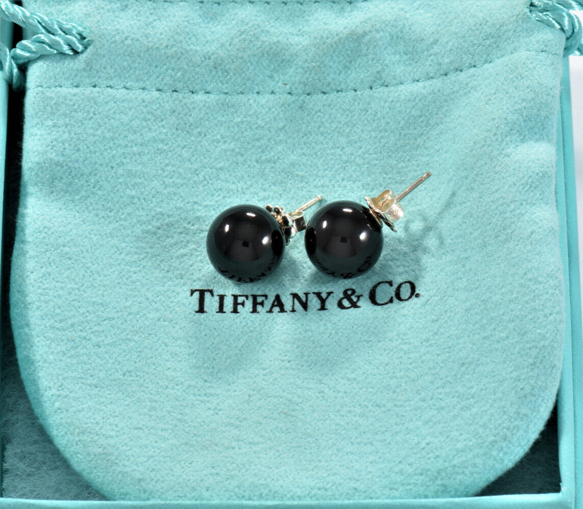 Tiffany & Co Sterling Silver Black Onyx 10mm Bead Ball Stud Earrings in Box Rare