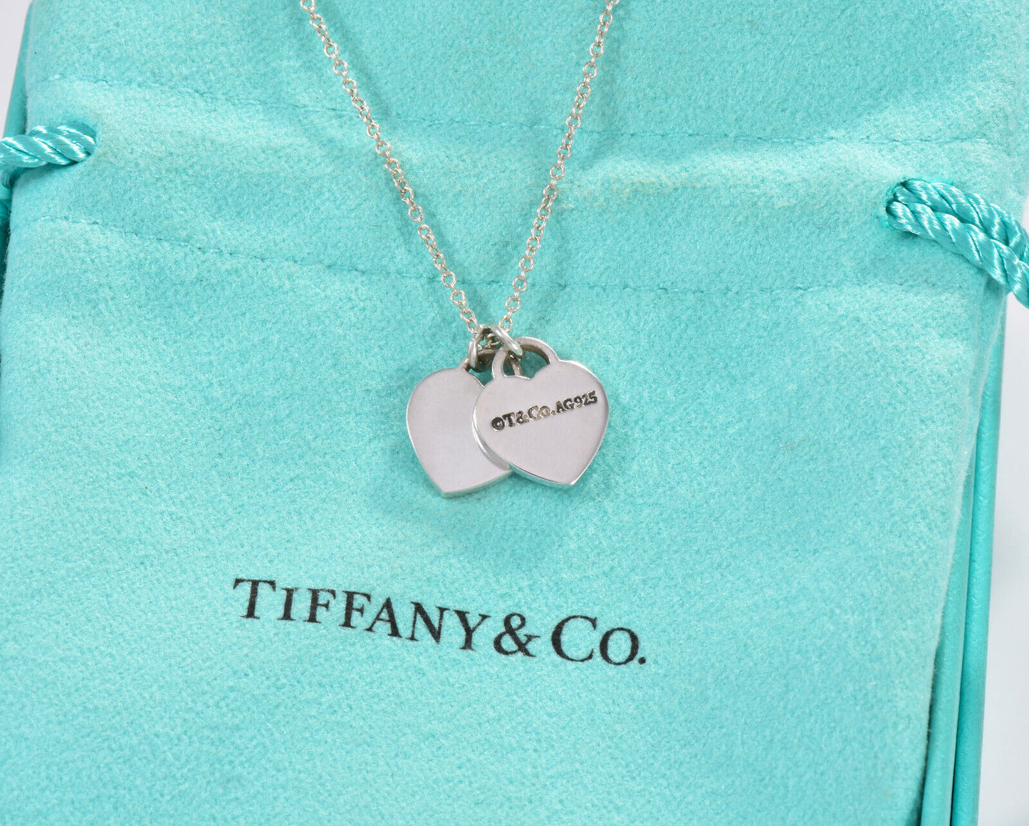 Tiffany & Co Silver "Mom" Mini Double Heart Pendant 19" Necklace in Box Pouch