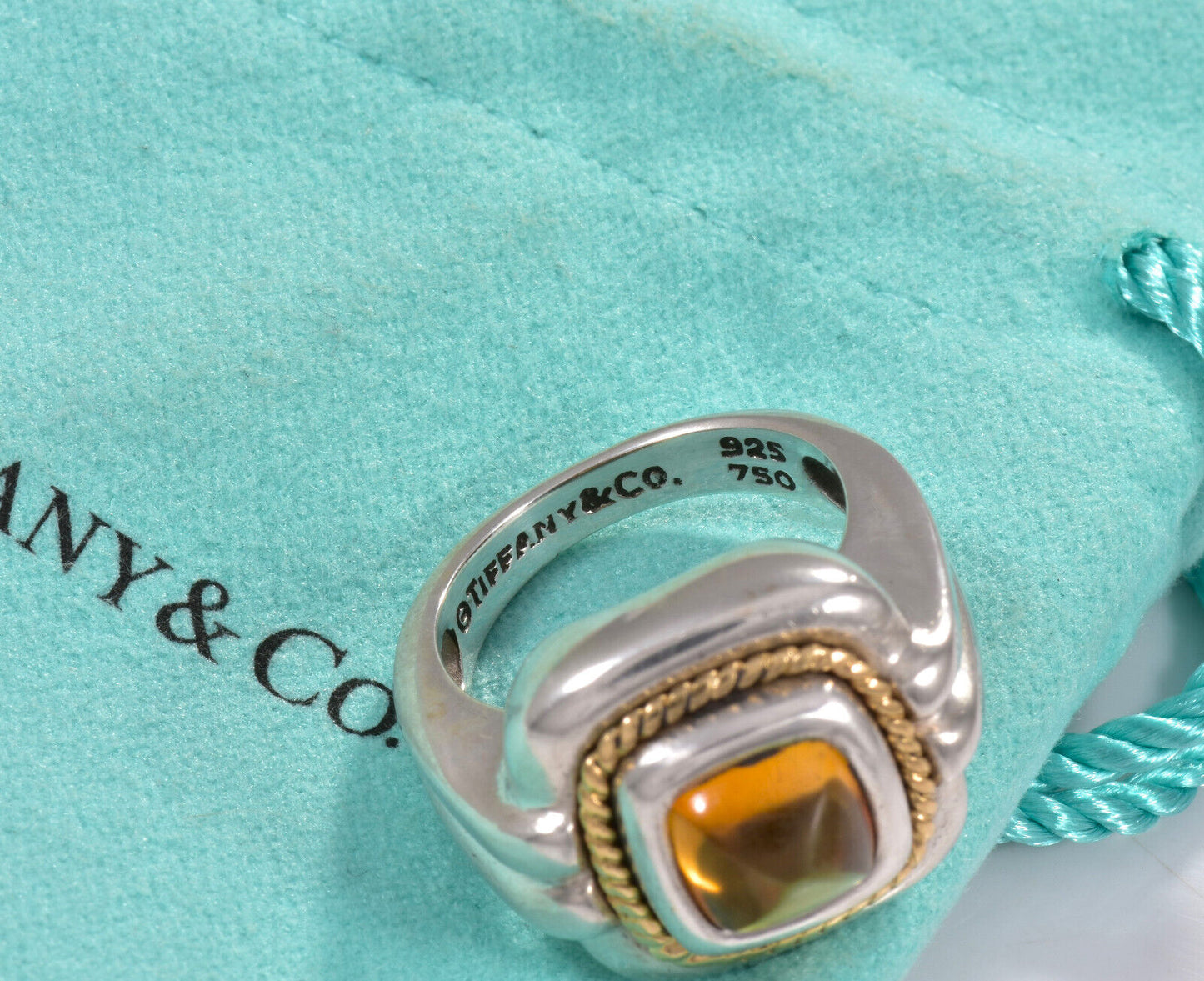 Tiffany & Co Gold Silver Rope Citrine Orange Quartz Cocktail Ring in Pouch Sugar